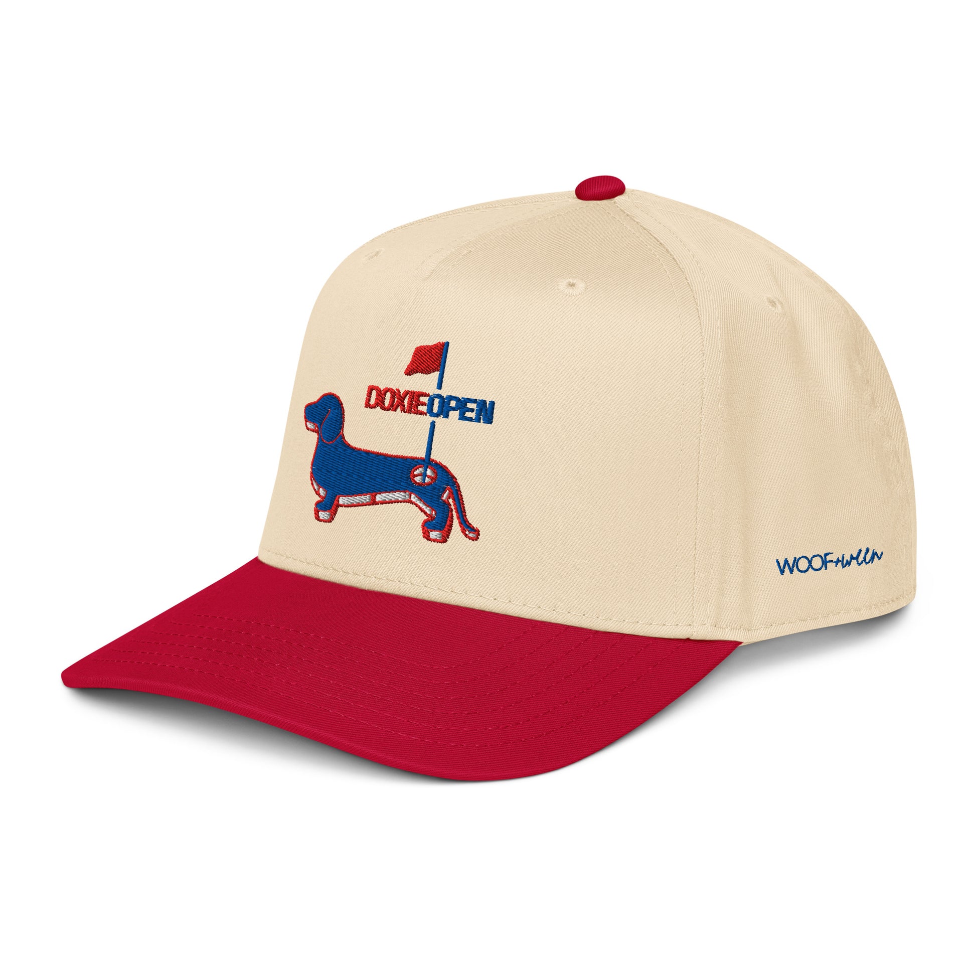 Red dachshund hat, doxie open wiener dog embroidered cap side view