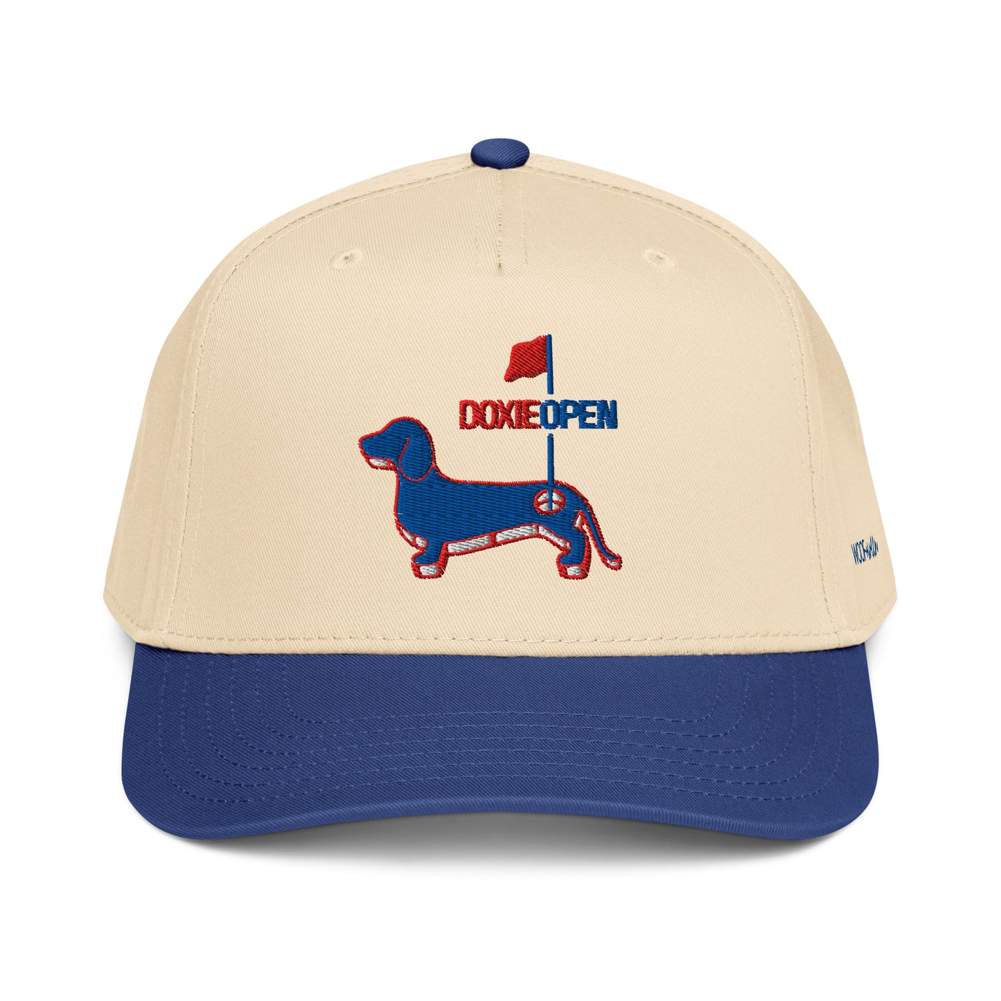 Royal blue dachshund hat, doxie open wiener dog embroidered cap front view
