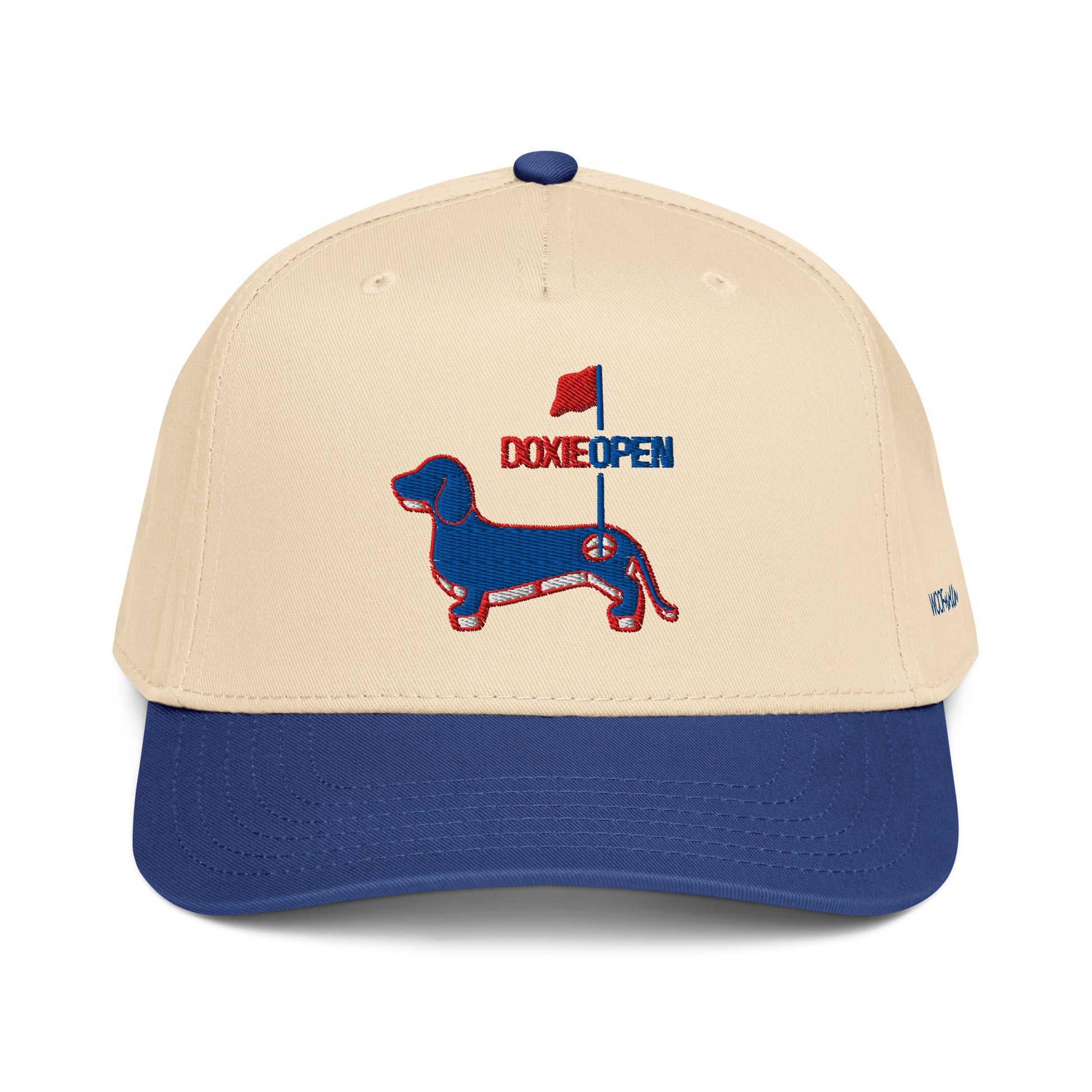 Royal blue dachshund hat, doxie open wiener dog embroidered cap front view