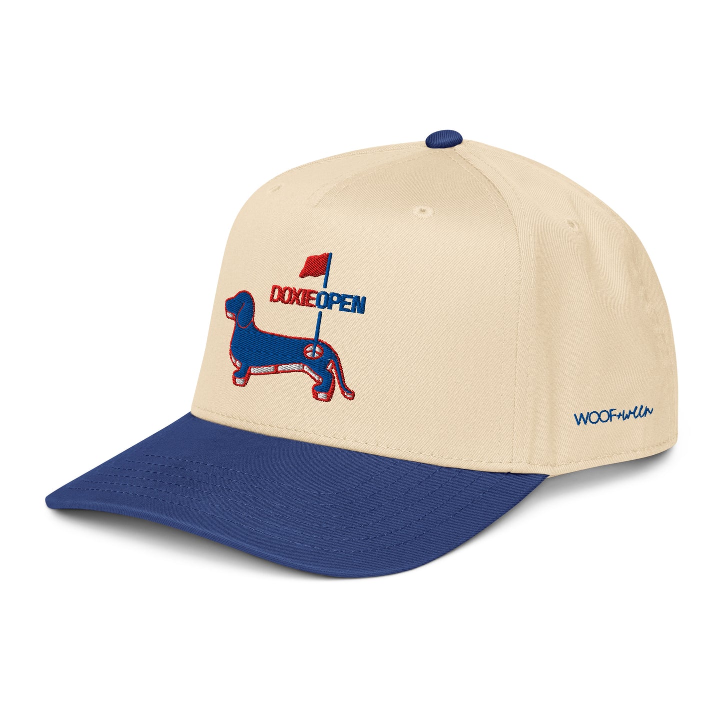 Royal blue dachshund hat, doxie open wiener dog embroidered cap side view