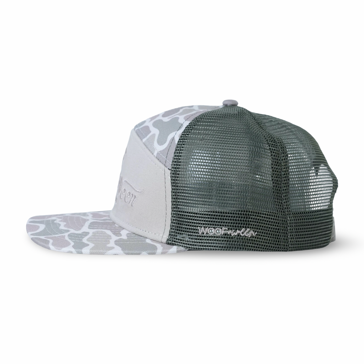 Dachshund hat in Duck Camo, five-panel snapback with mesh back, back view