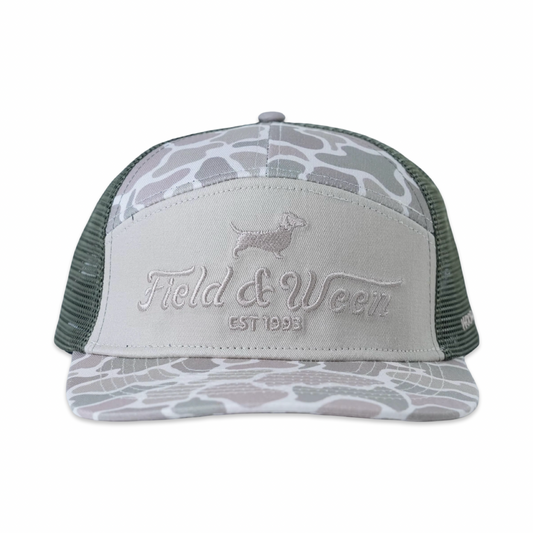 Dachshund hat in Duck Camo, five-panel snapback with mesh back, front view