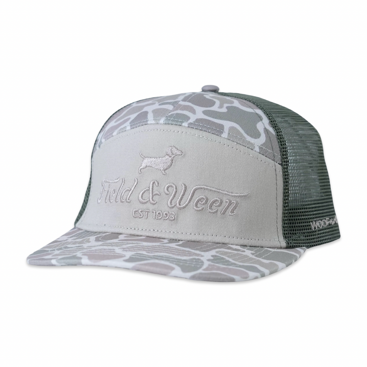 Dachshund hat in Duck Camo, five-panel snapback with mesh back, side view