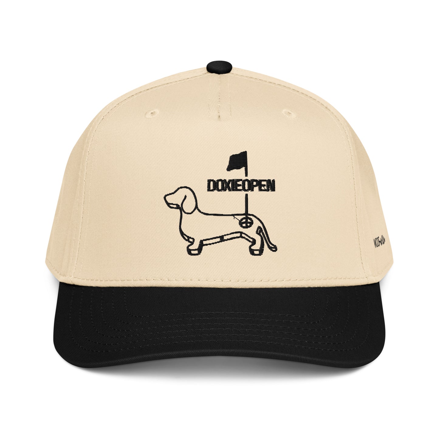 Black dachshund golf hat, weens doxie open design front view
