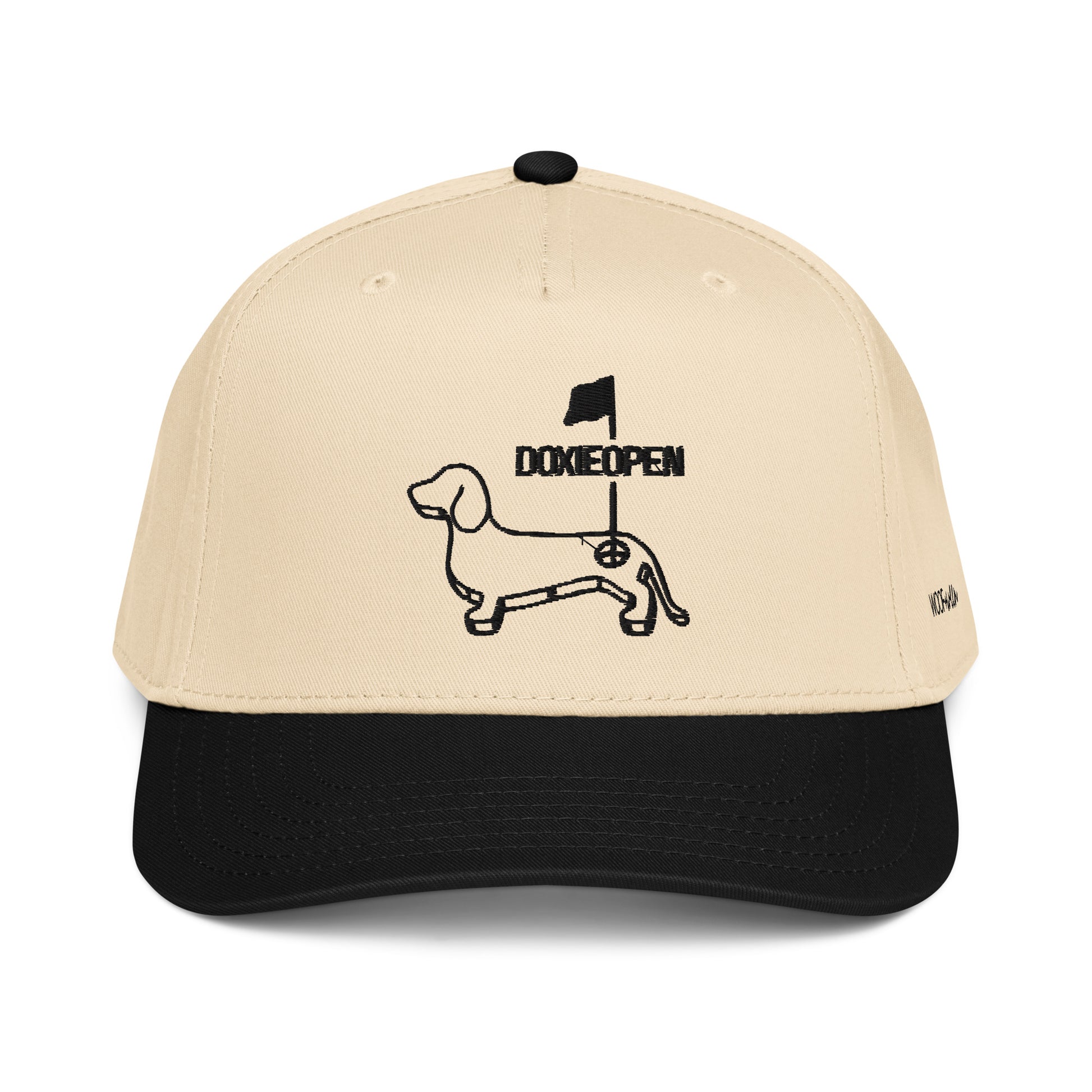 Black dachshund golf hat, weens doxie open design front view