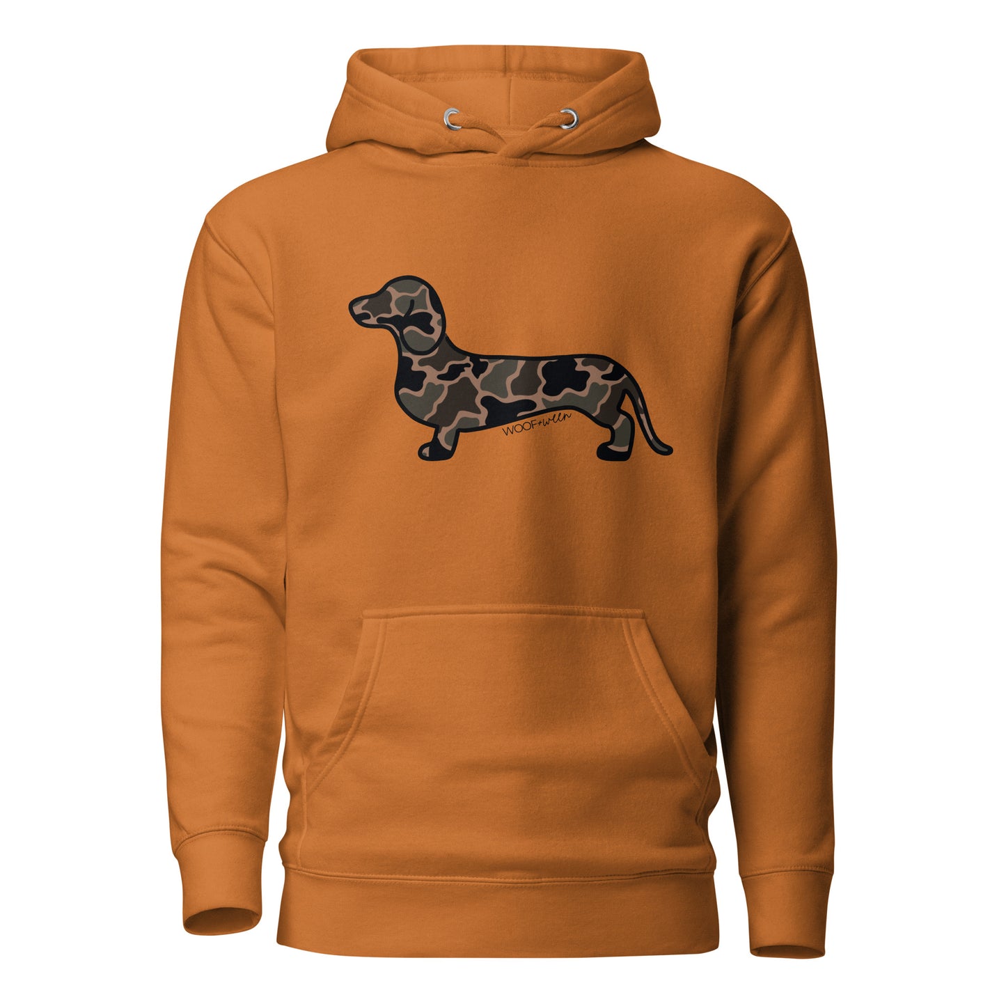 Dachshund hoodie in Black Duck Camo print, adobe colorway