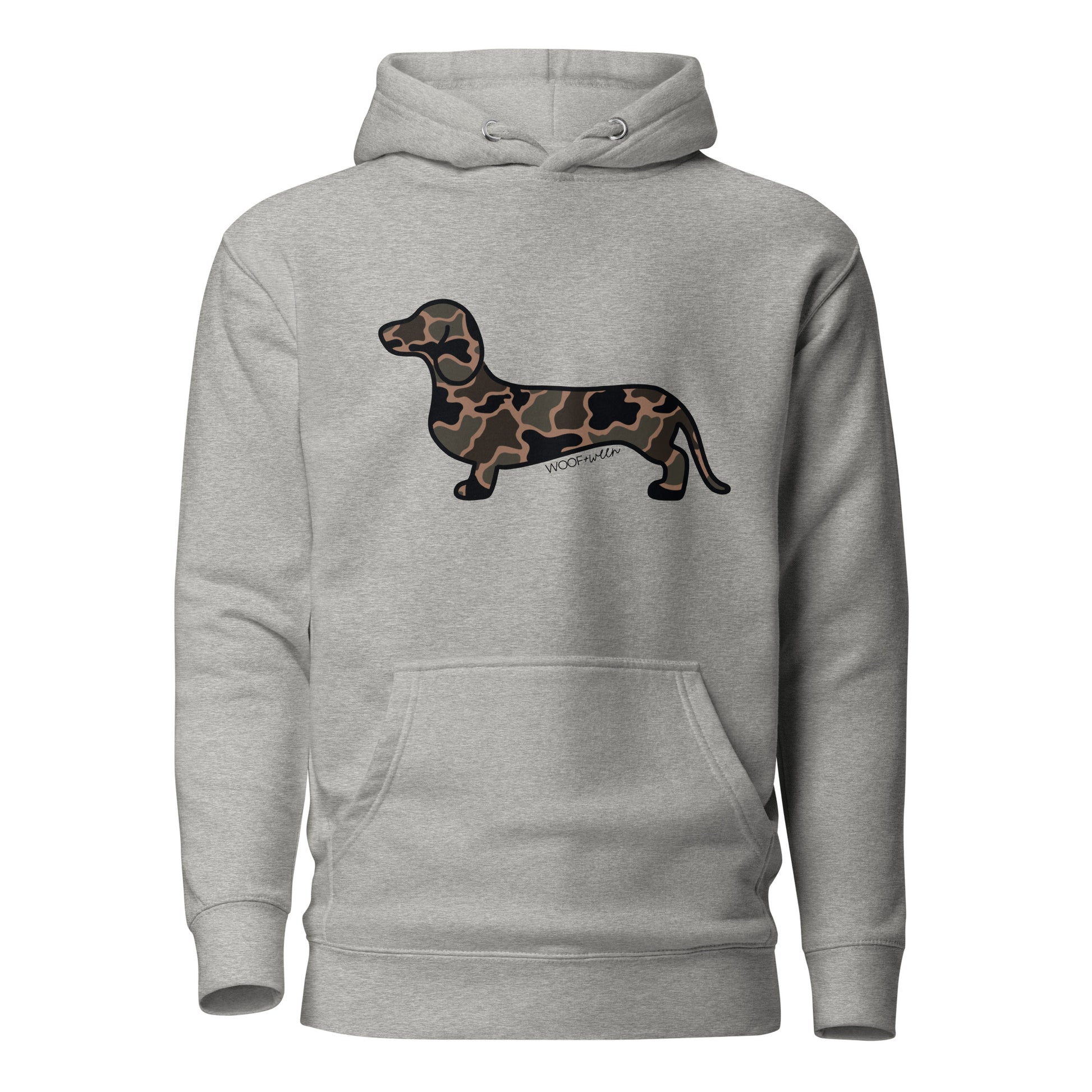 Dachshund hoodie in Black Duck Camo print, carbon grey colorway