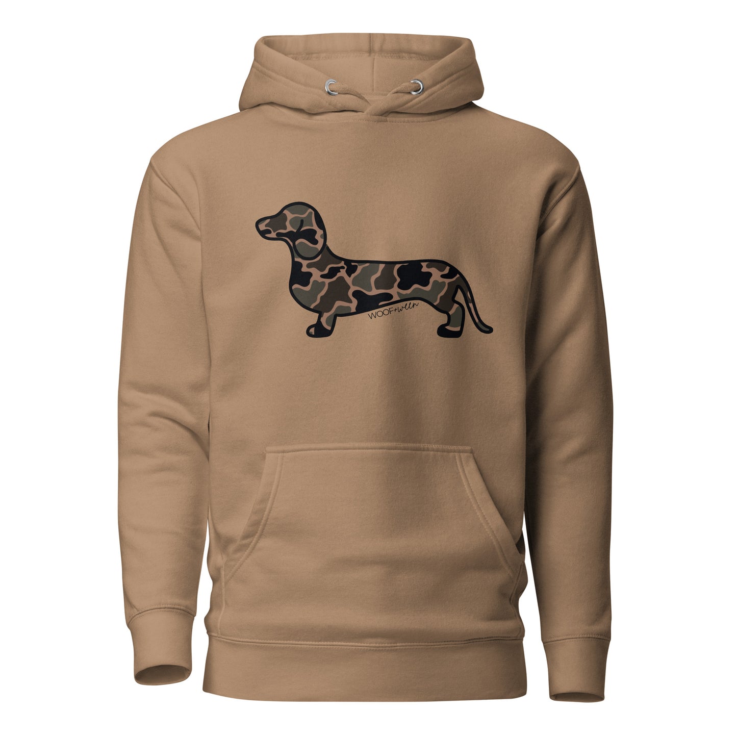 Dachshund hoodie in Black Duck Camo print, latte colorway