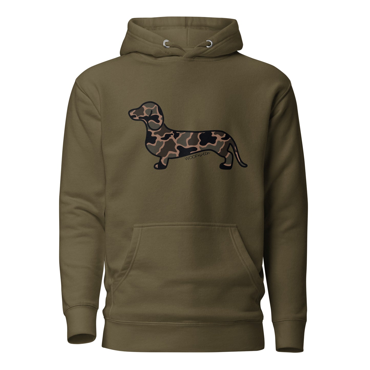 Dachshund hoodie in Black Duck Camo print, military green colorway
