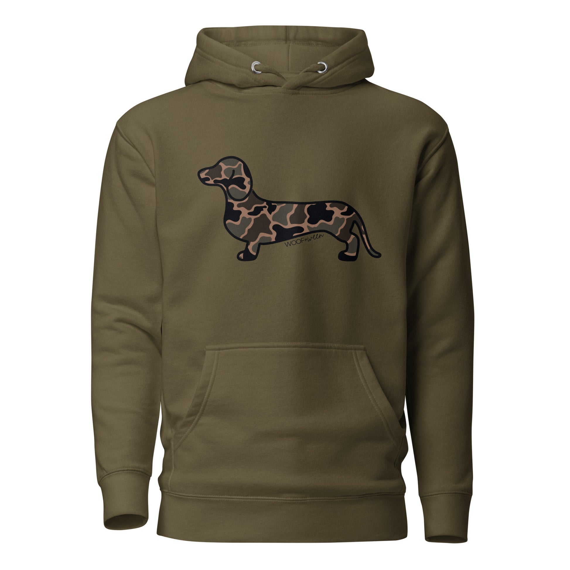 Dachshund hoodie in Black Duck Camo print, military green colorway