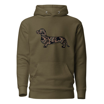 Dachshund hoodie in Black Duck Camo print, military green colorway