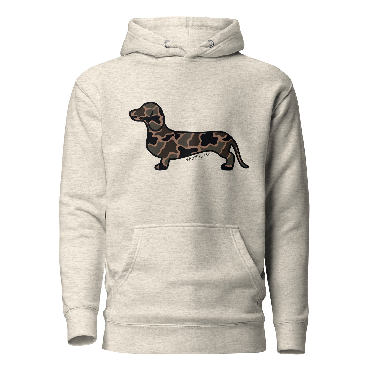 Dachshund hoodie in Black Duck Camo print, oatmeal heather colorway