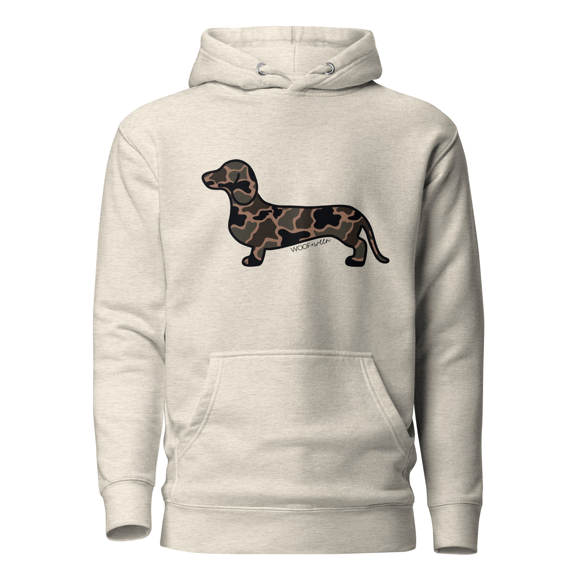 Dachshund hoodie in Black Duck Camo print, oatmeal heather colorway