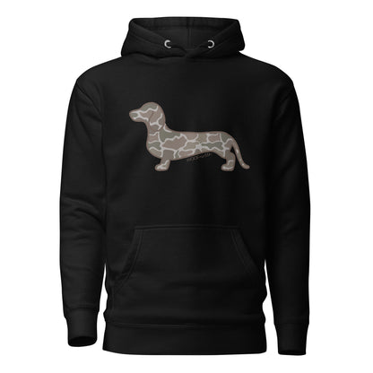 Dachshund hoodie in Duck Camo print, black colorway