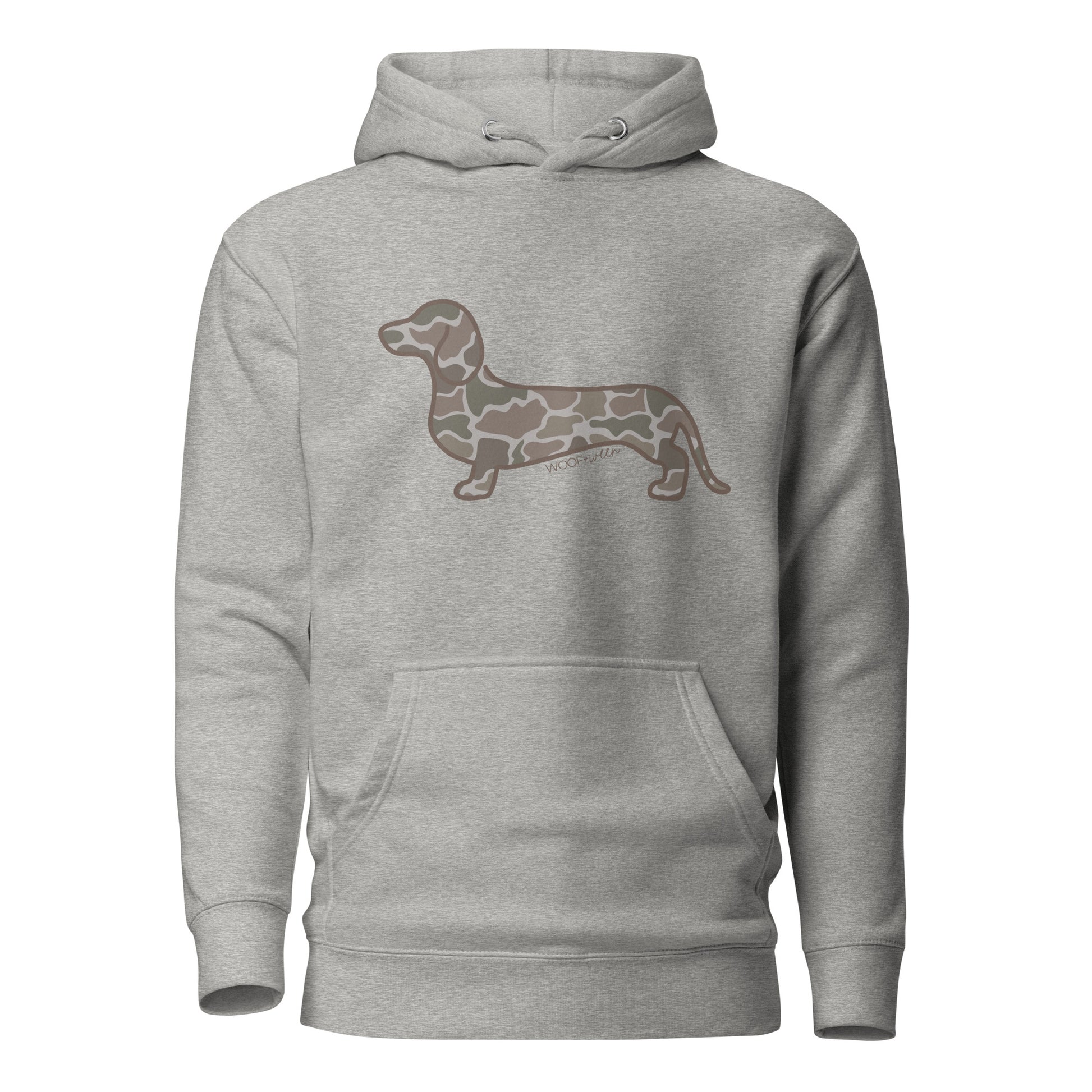 Dachshund hoodie in Duck Camo print, carbon grey colorway