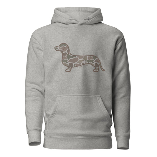 Dachshund hoodie in Duck Camo print, carbon grey colorway