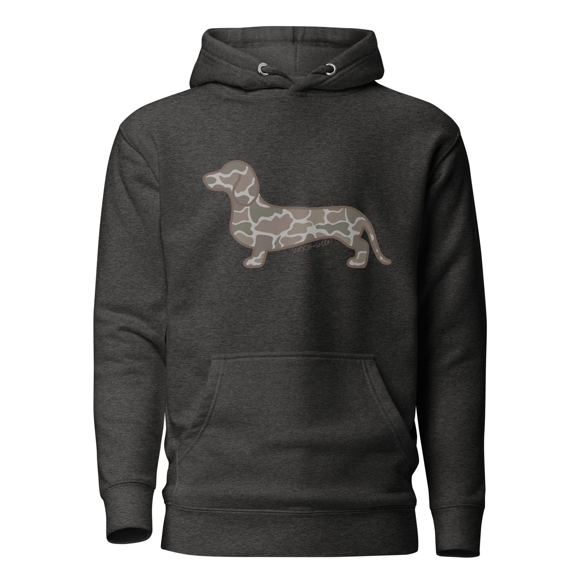 Dachshund hoodie in Duck Camo print, charcoal heather colorway