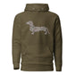 Dachshund hoodie in Duck Camo print, military green colorway