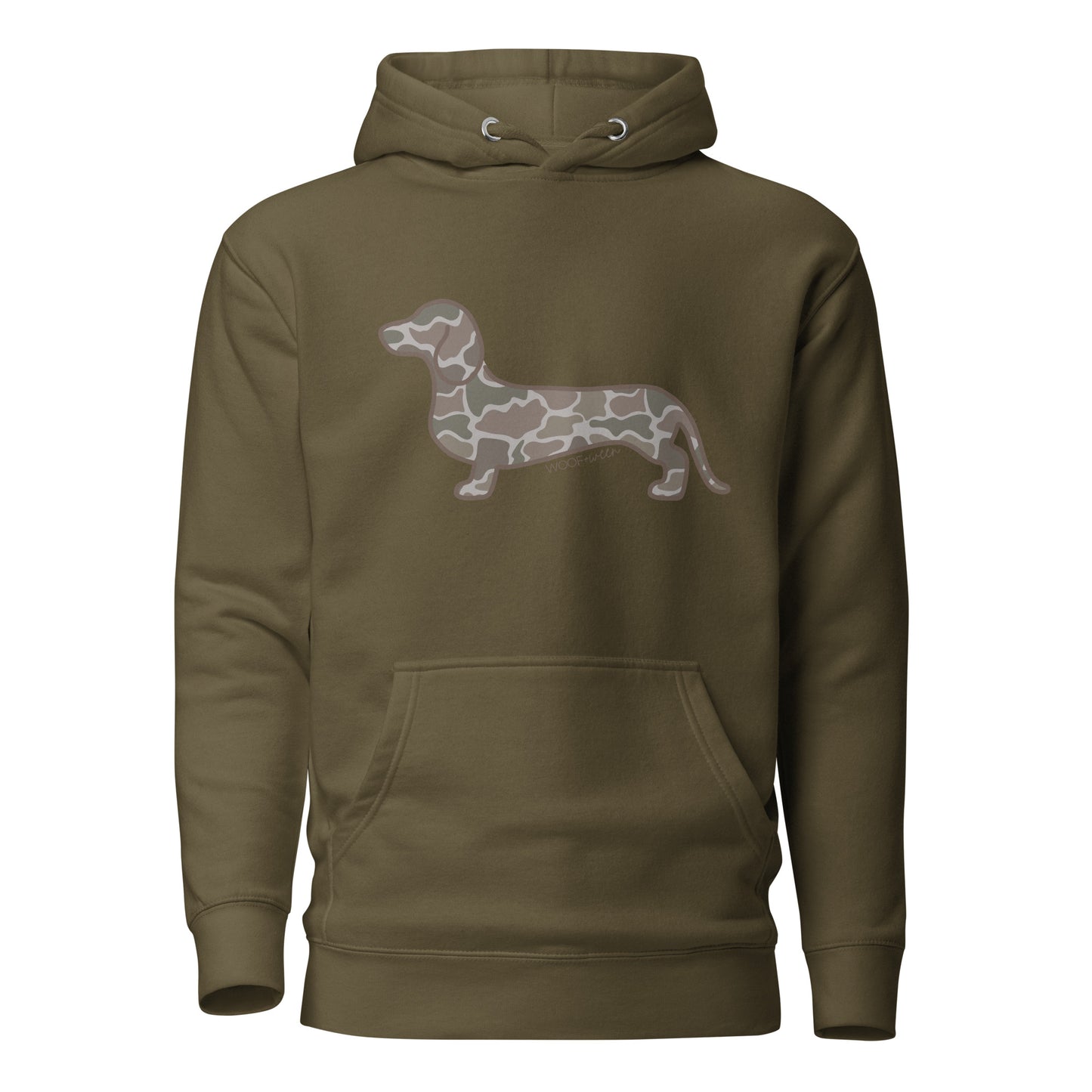 Dachshund hoodie in Duck Camo print, military green colorway