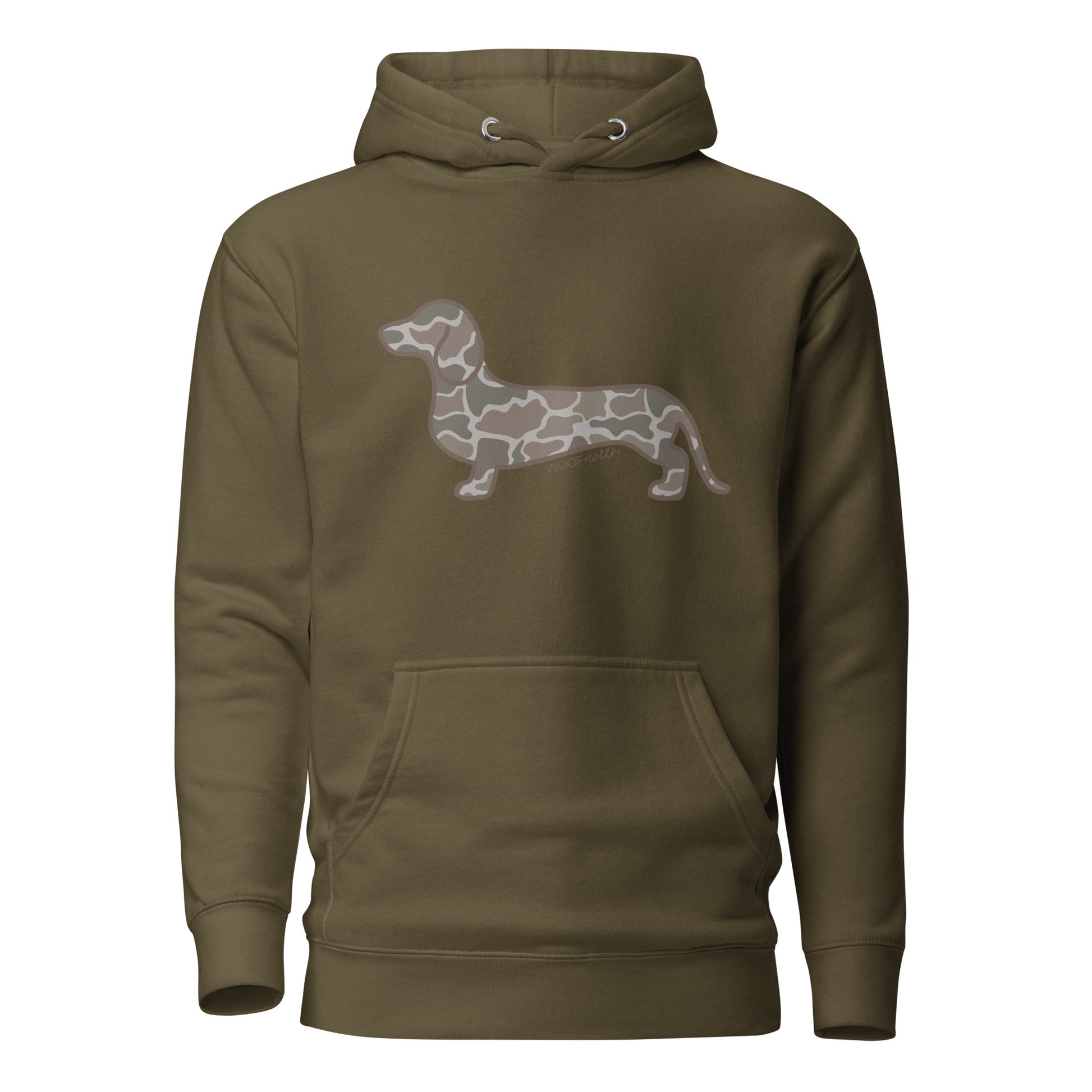 Dachshund hoodie in Duck Camo print, military green colorway