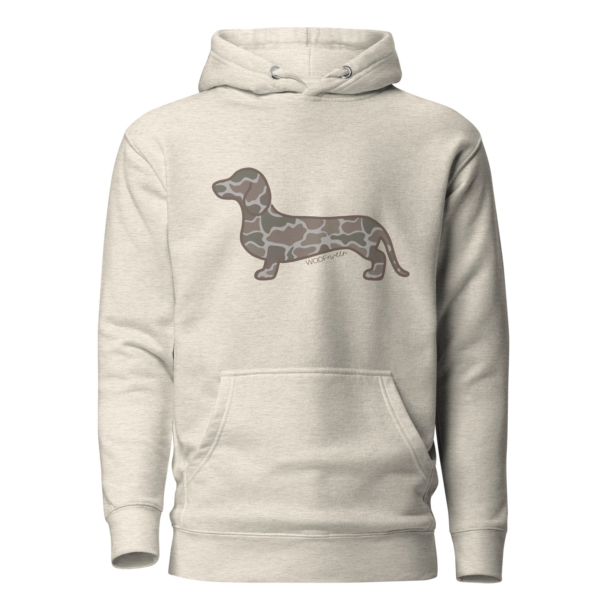 Dachshund hoodie in Duck Camo print, oatmeal heather colorway