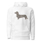 Dachshund hoodie in Duck Camo print, white colorway