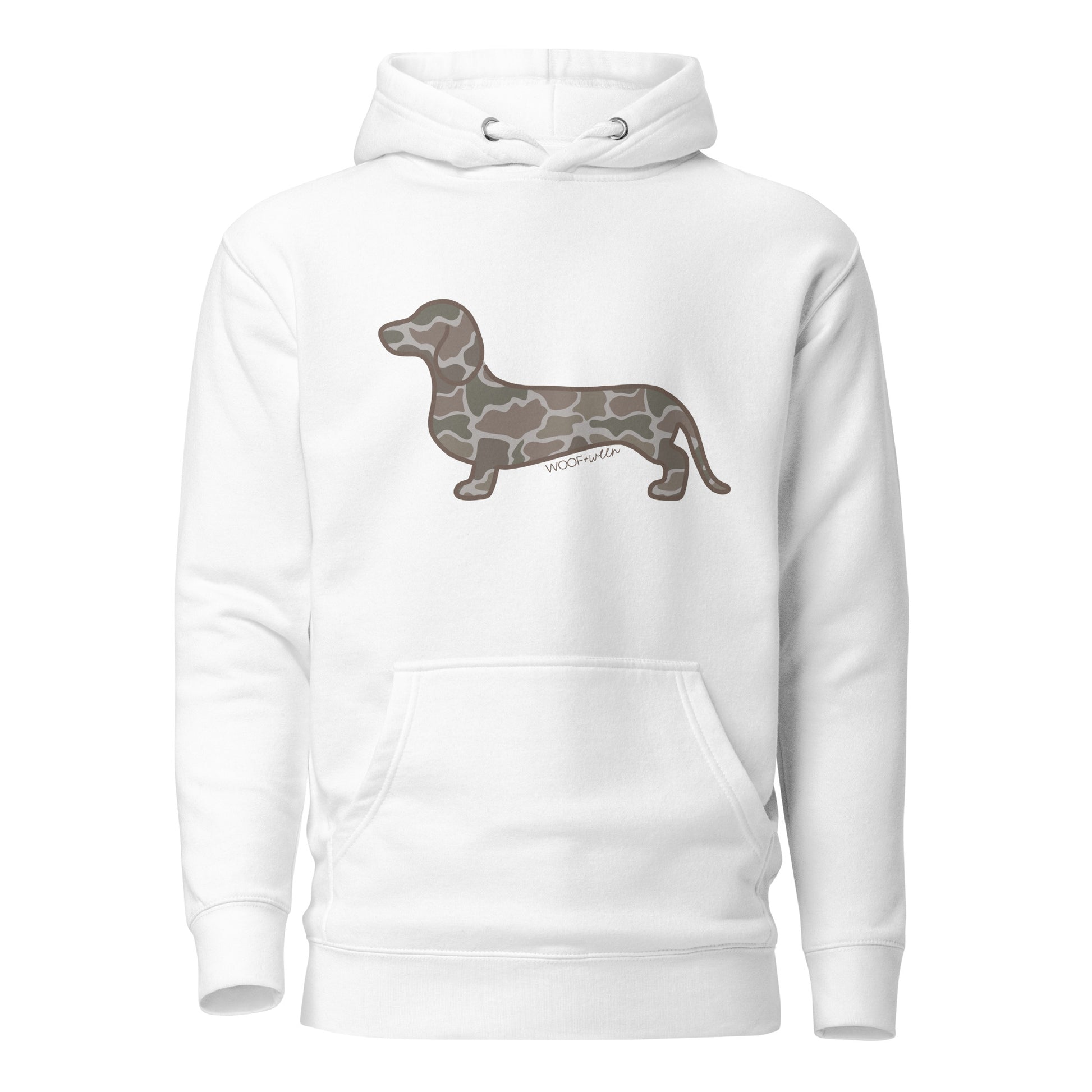 Dachshund hoodie in Duck Camo print, white colorway