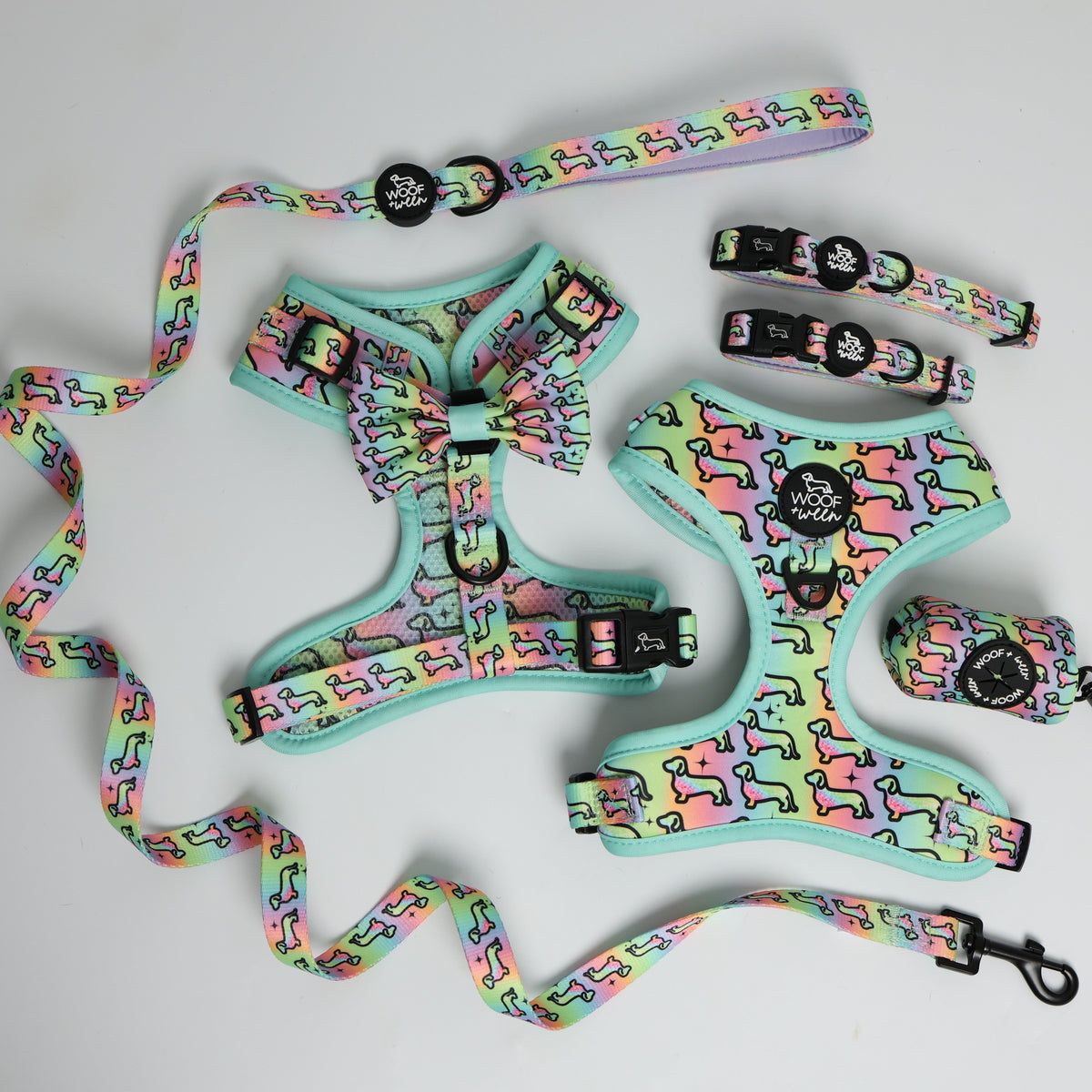 Hot Diggity Dog rainbow dachshund harness, leash, collar, bow, and waste bag holder 5-piece bundle