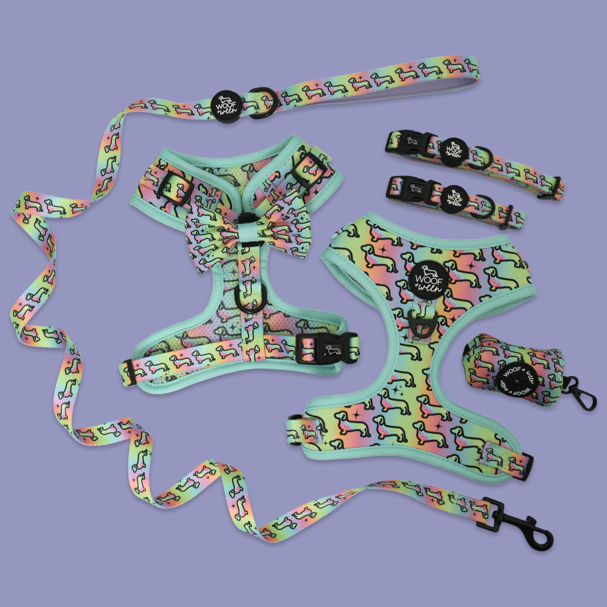Rainbow dachshund harness Hot Diggity Dog print bundle