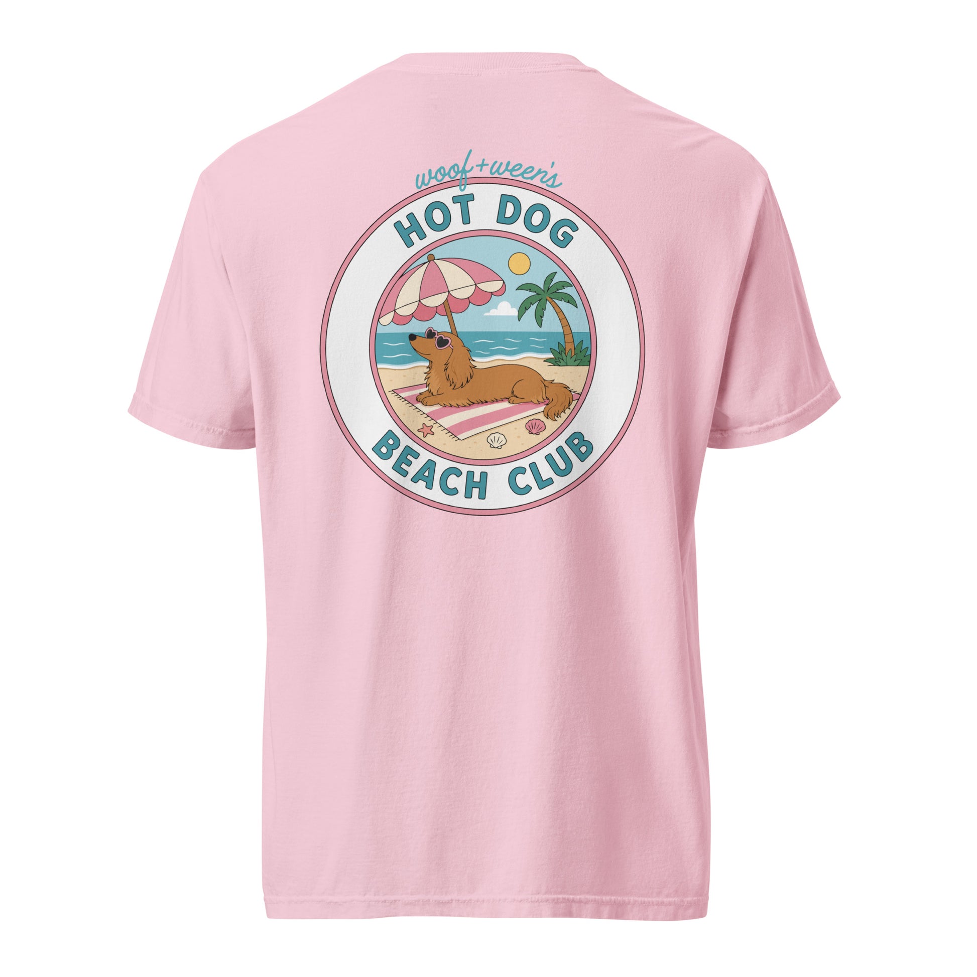 Dachshund Hot Dog Beach Club shirt in blossom pink, doxie beach tee