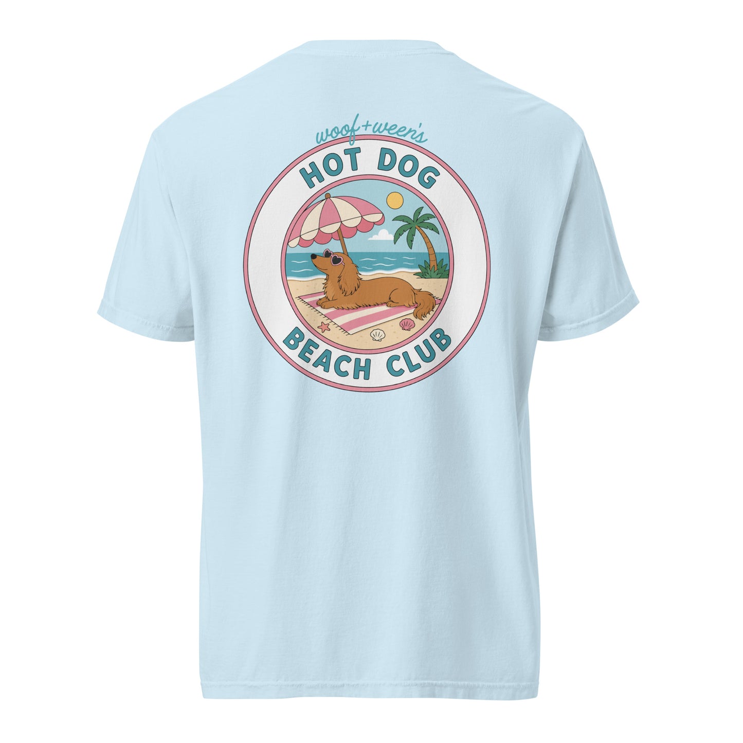 Dachshund Hot Dog Beach Club shirt in chambray blue, doxie beach tee