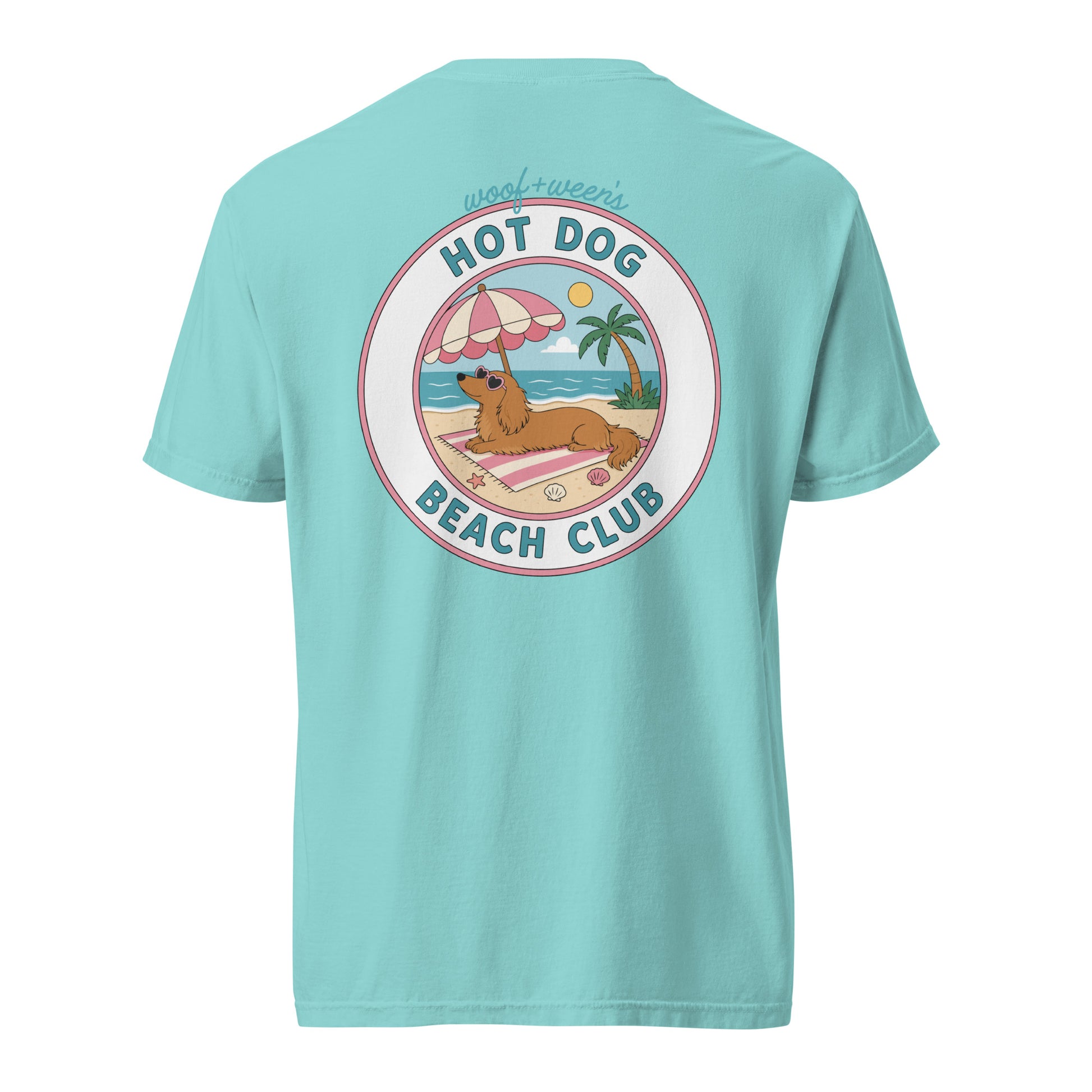 Dachshund Hot Dog Beach Club shirt in lagoon blue, doxie beach tee