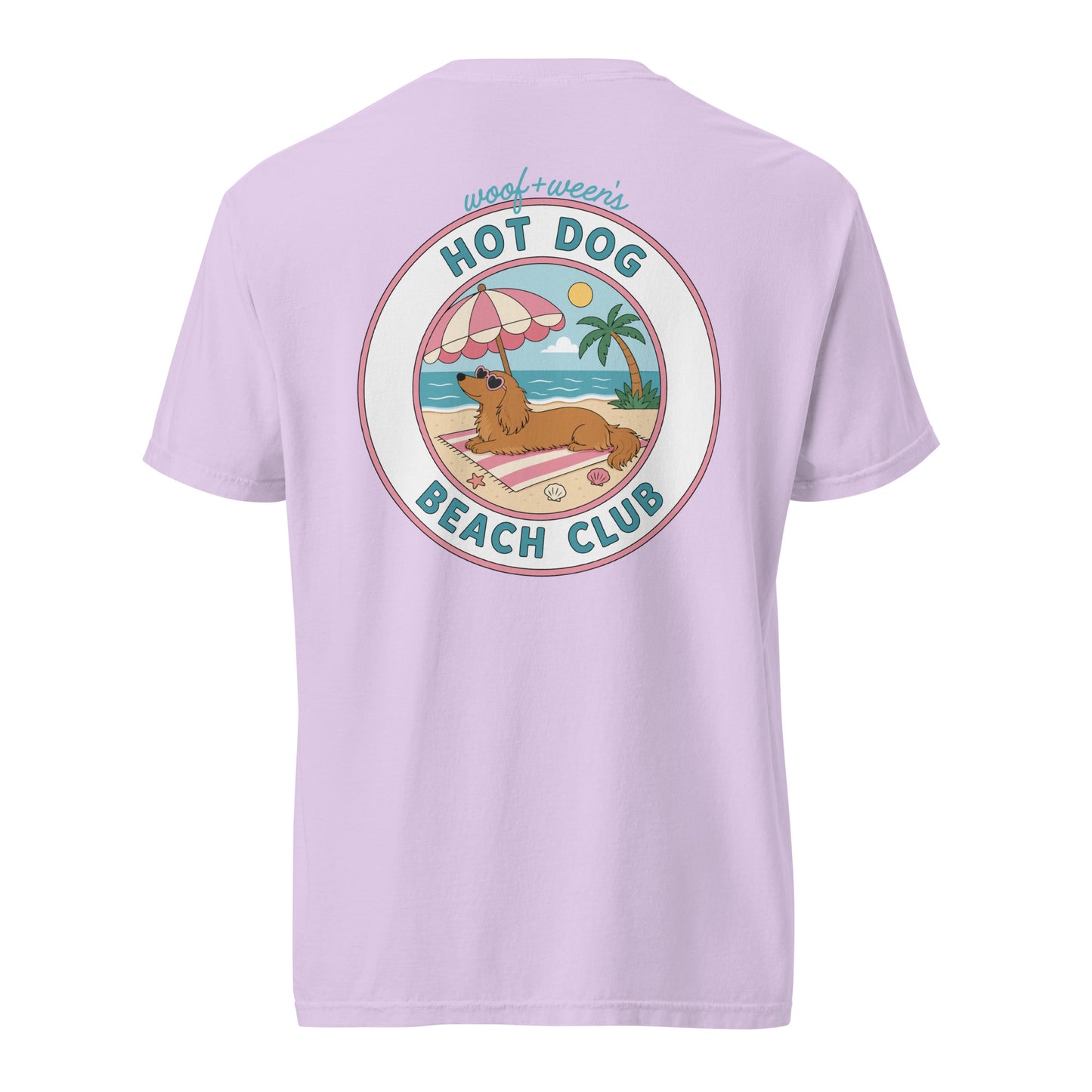 Dachshund Hot Dog Beach Club shirt in orchid, doxie beach tee