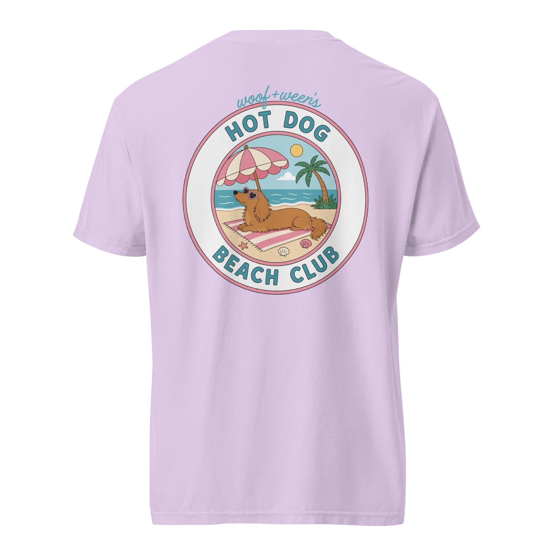 Dachshund Hot Dog Beach Club shirt in orchid, doxie beach tee