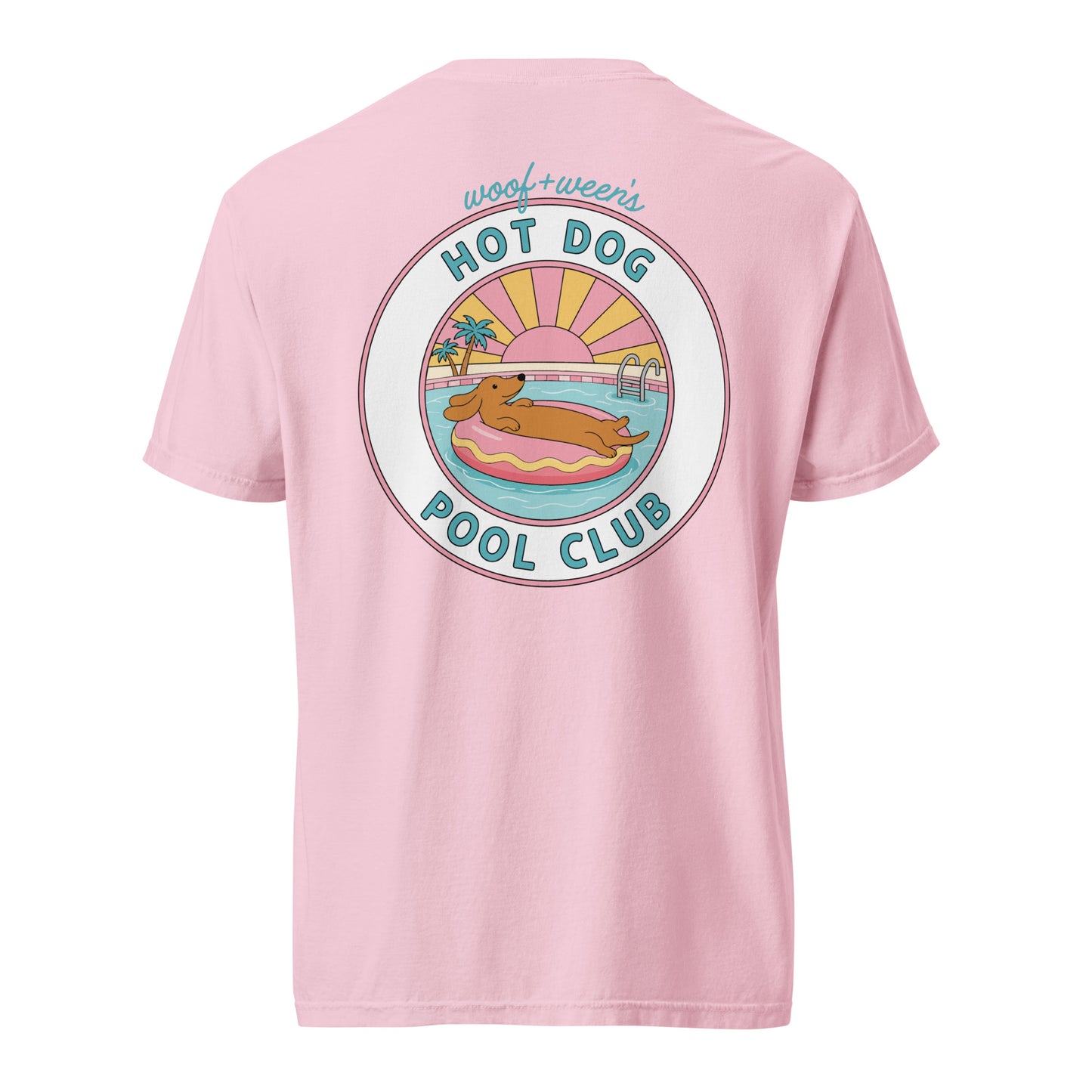 Dachshund Hot Dog Pool Club shirt in blossom pink, doxie pool tee