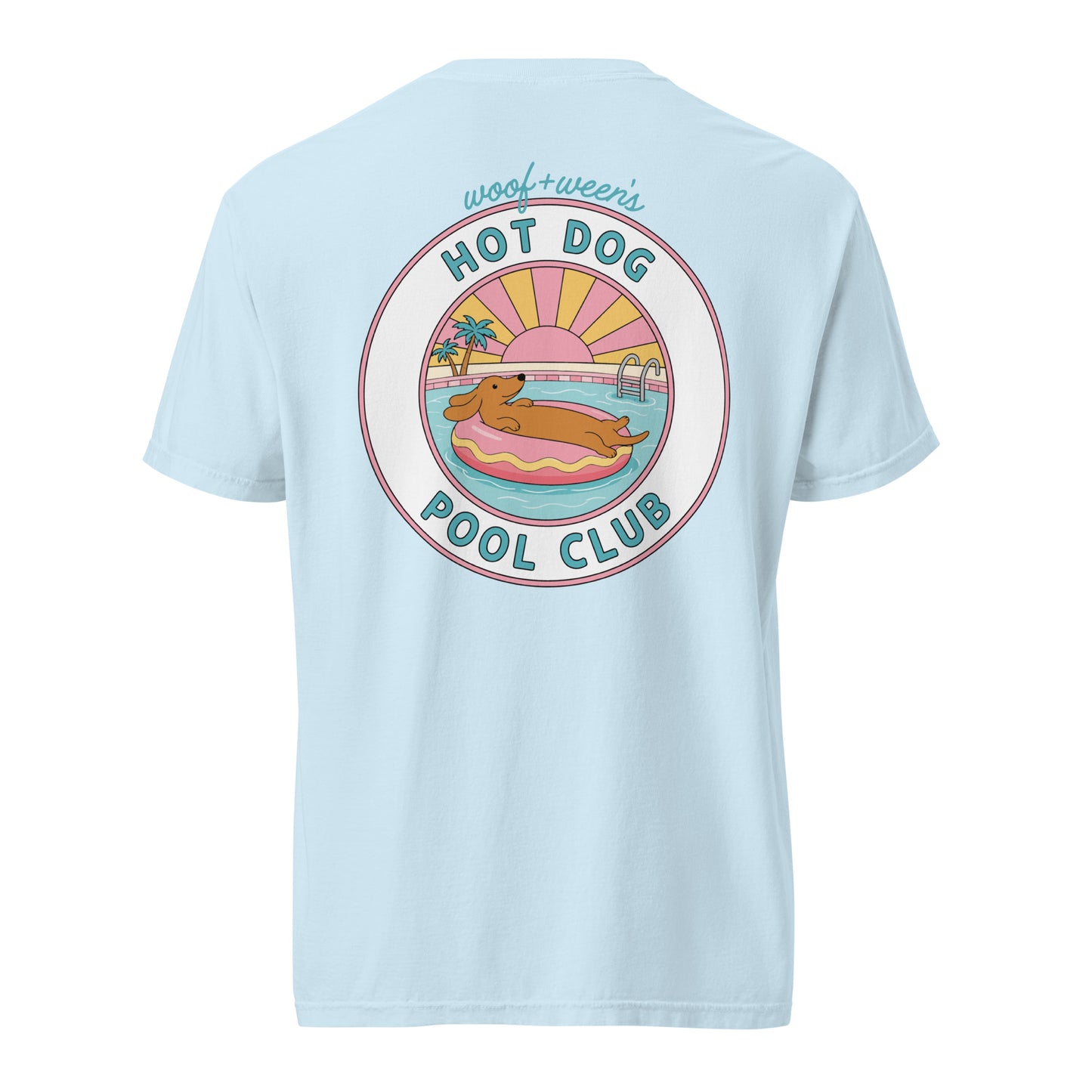 Dachshund Hot Dog Pool Club shirt in chambray blue, doxie pool tee