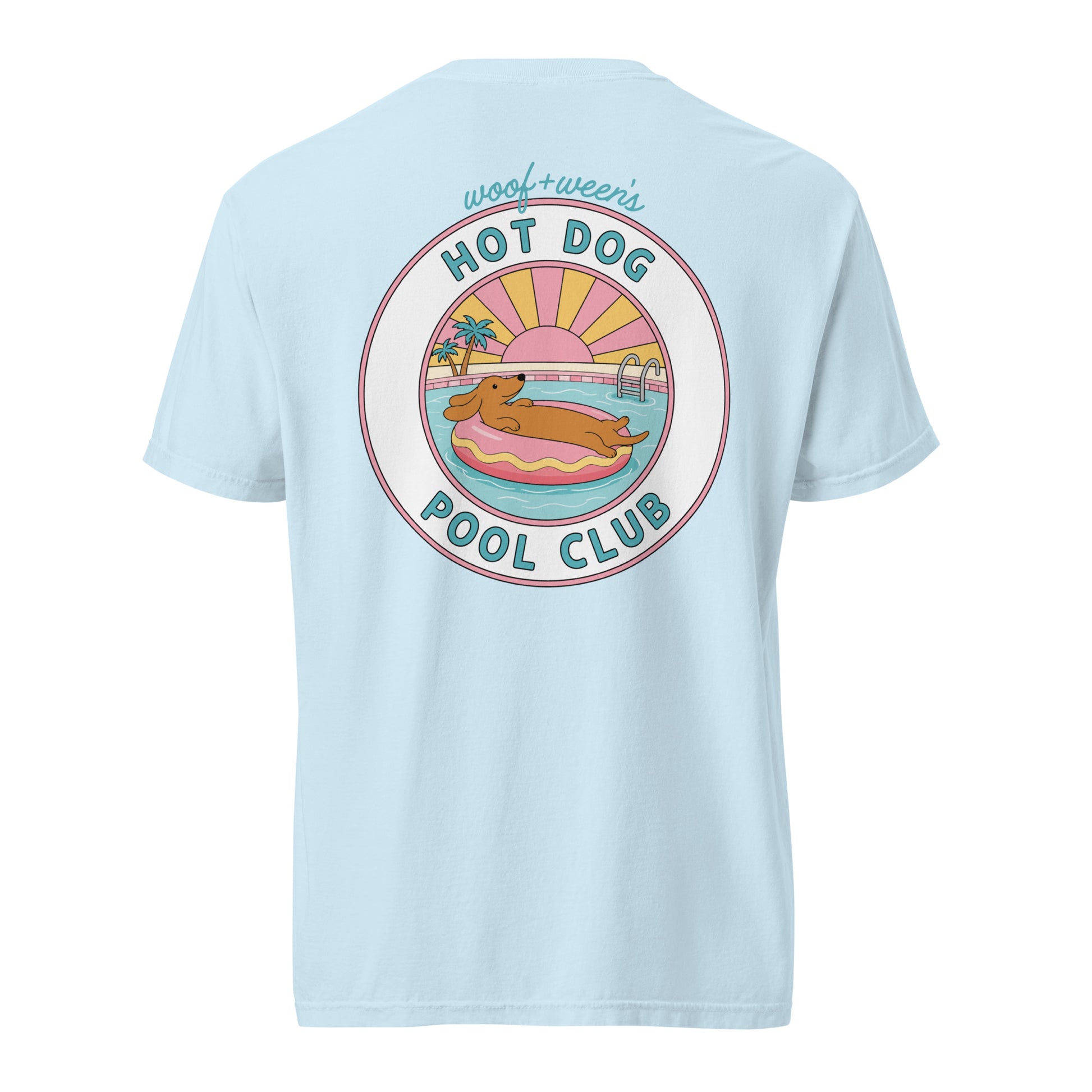 Dachshund Hot Dog Pool Club shirt in chambray blue, doxie pool tee