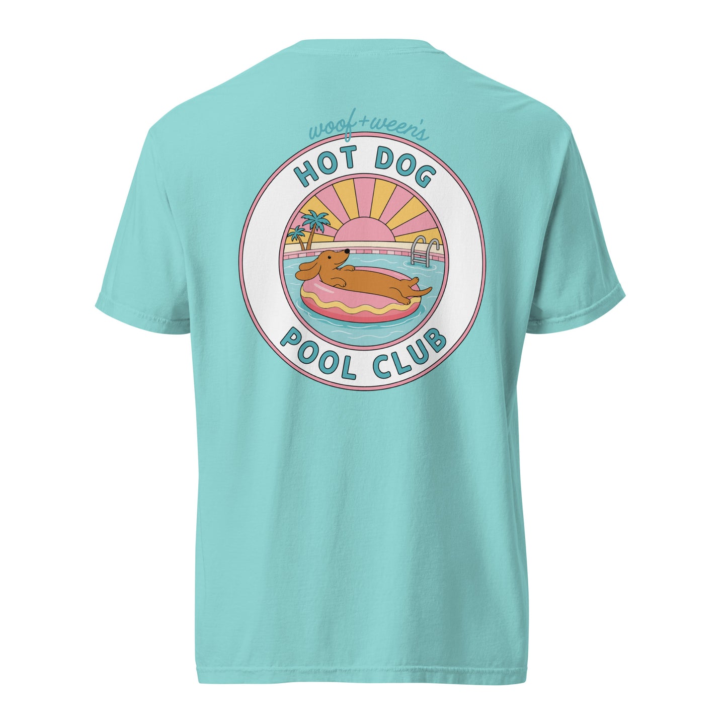 Dachshund Hot Dog Pool Club shirt in lagoon blue, doxie pool tee