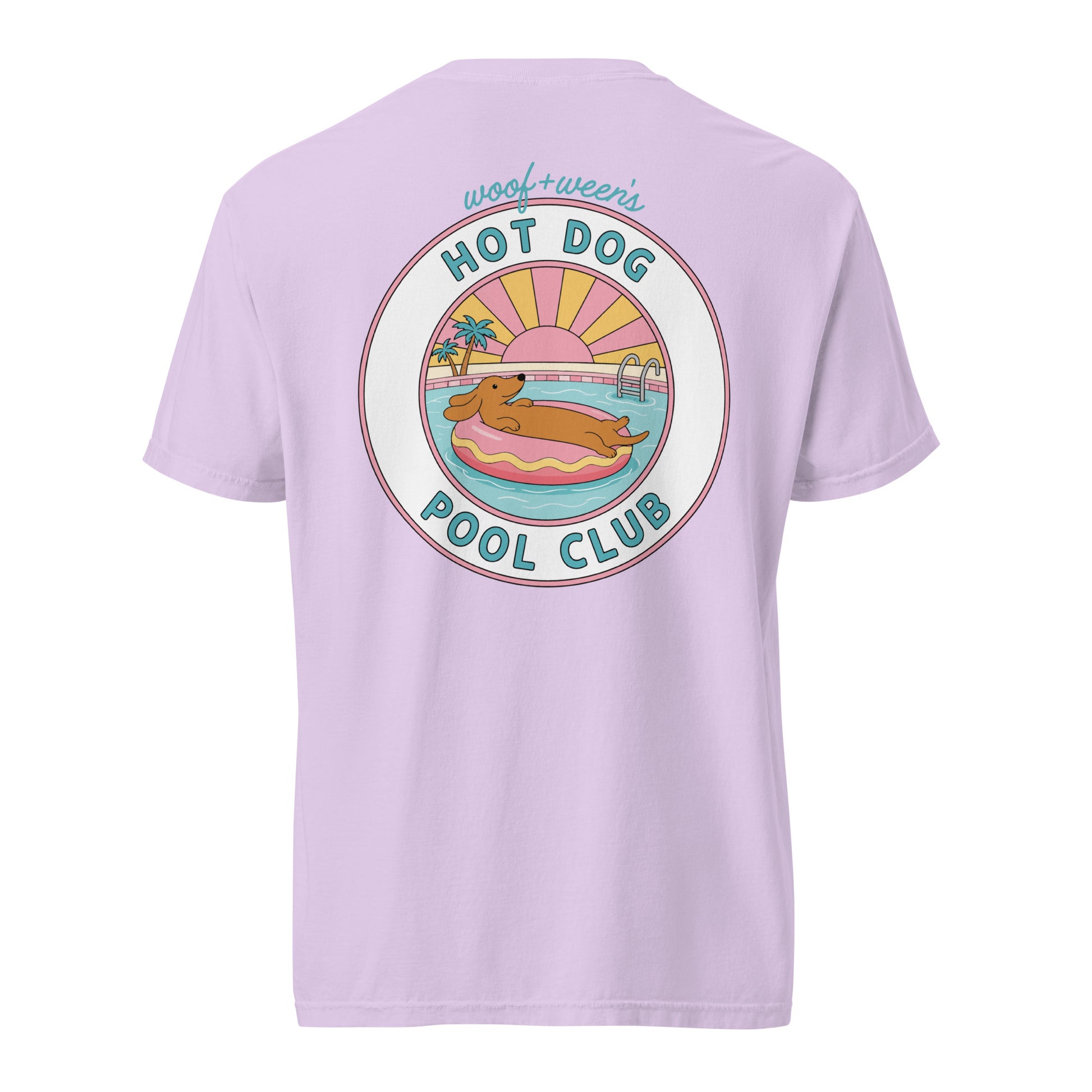 Dachshund Hot Dog Pool Club shirt in orchid, doxie pool tee