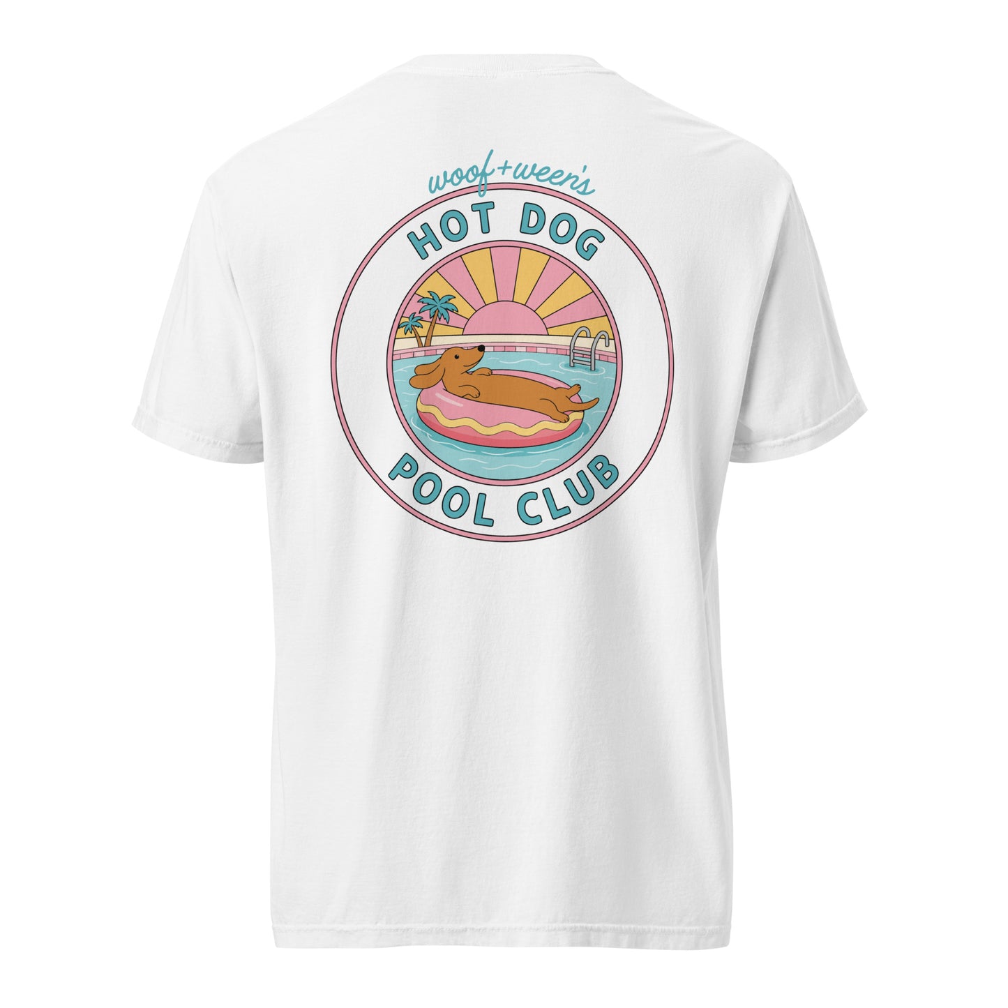 Dachshund Hot Dog Pool Club shirt in white, doxie pool tee