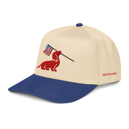 Long haired dachshund USA American flag hat, doxie snapback