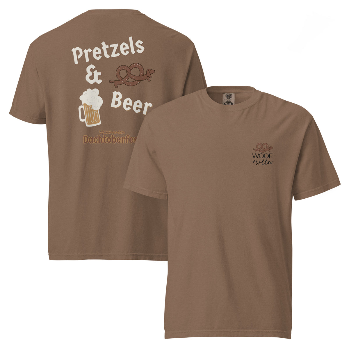 Dachshund Oktoberfest shirt in espresso, front and back view, Comfort Colors wiener dog tee