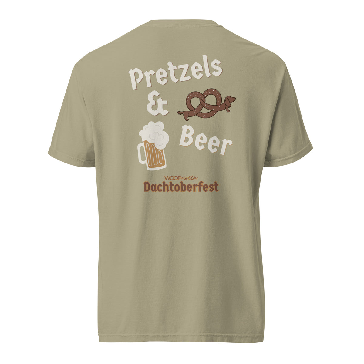 Dachshund Oktoberfest shirt in khaki, back print on Comfort Colors garment-dyed tee