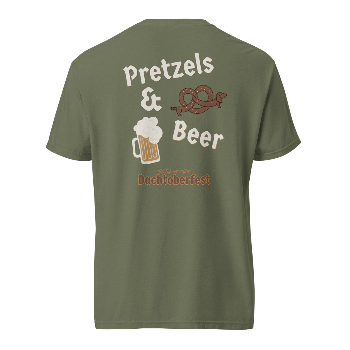 Dachshund Oktoberfest shirt in moss, back print on Comfort Colors garment-dyed tee