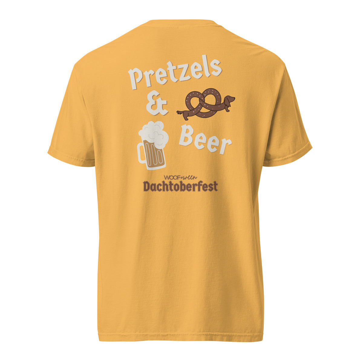 Dachshund Oktoberfest shirt in mustard, back print on Comfort Colors garment-dyed tee