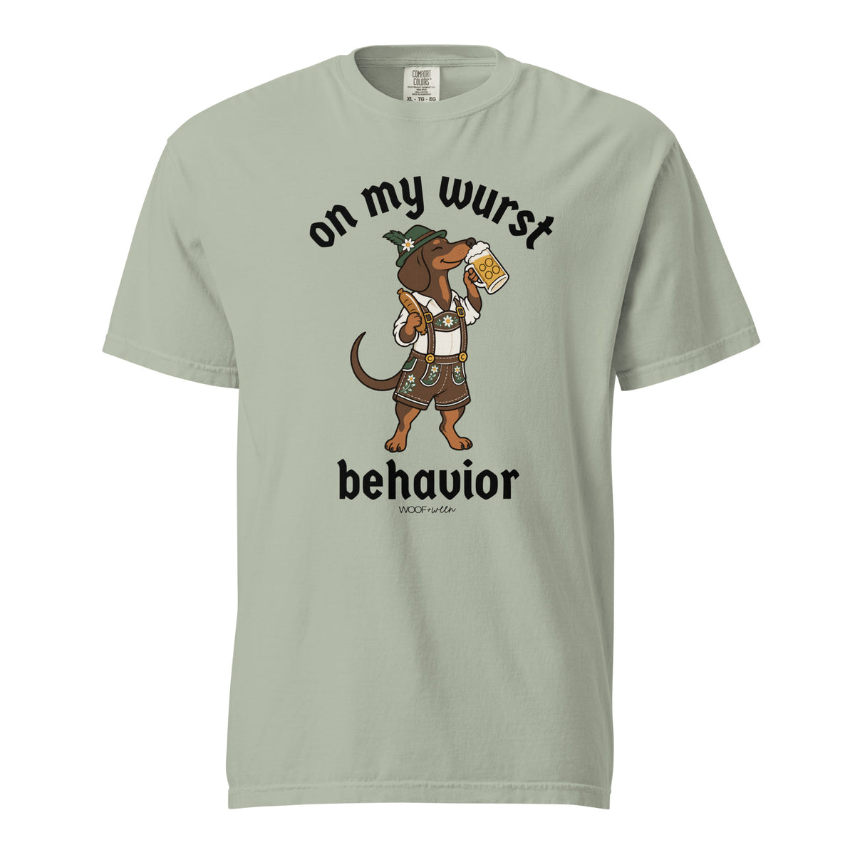 On My Wurst Behavior dachshund Oktoberfest shirt in bay, front print on Comfort Colors garment-dyed tee