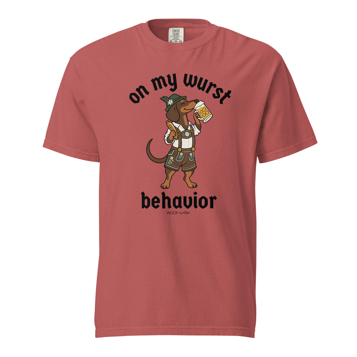 On My Wurst Behavior dachshund Oktoberfest shirt in crimson, front print on Comfort Colors garment-dyed tee