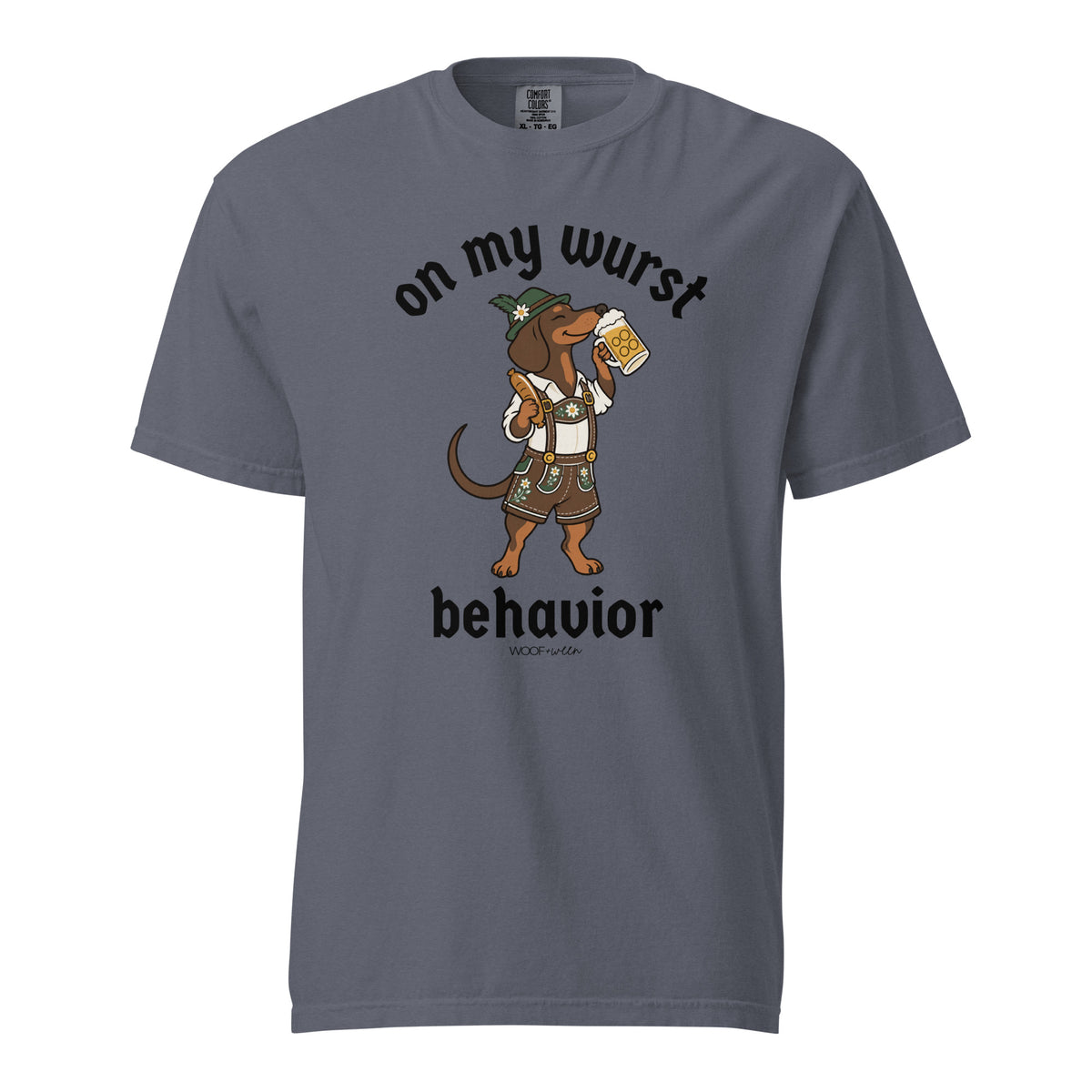 On My Wurst Behavior dachshund Oktoberfest shirt in denim, front print on Comfort Colors garment-dyed tee