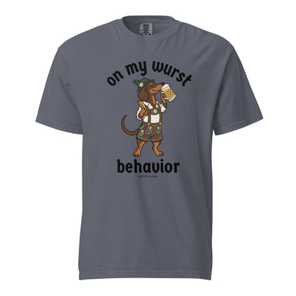 On My Wurst Behavior dachshund Oktoberfest shirt in denim, front print on Comfort Colors garment-dyed tee
