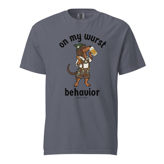On My Wurst Behavior dachshund Oktoberfest shirt in denim, front print on Comfort Colors garment-dyed tee